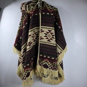Southwestern Aztec Hooded‎ Cape Wool Alpaca Flaw in fringe New